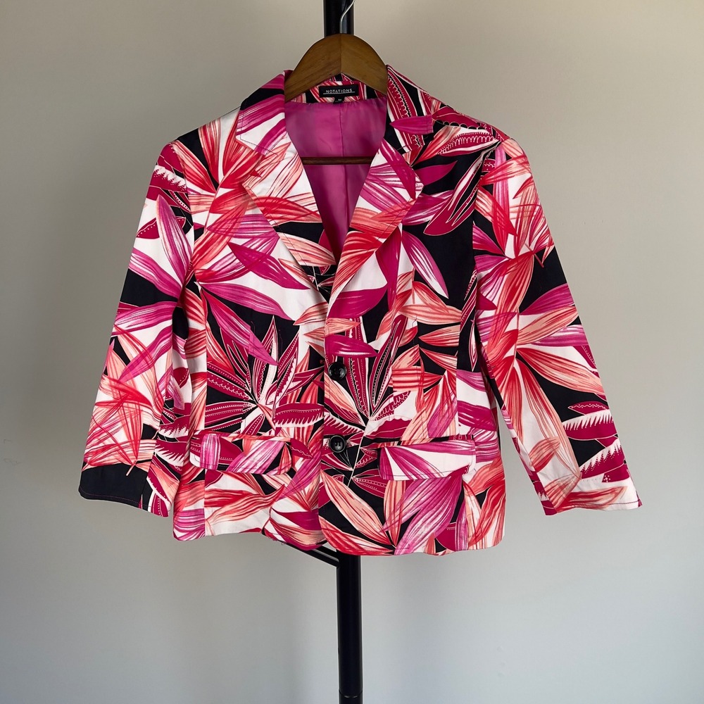 Notations Pink Tropical Leaf Print Blazer Jacket Medium Floral Cotton